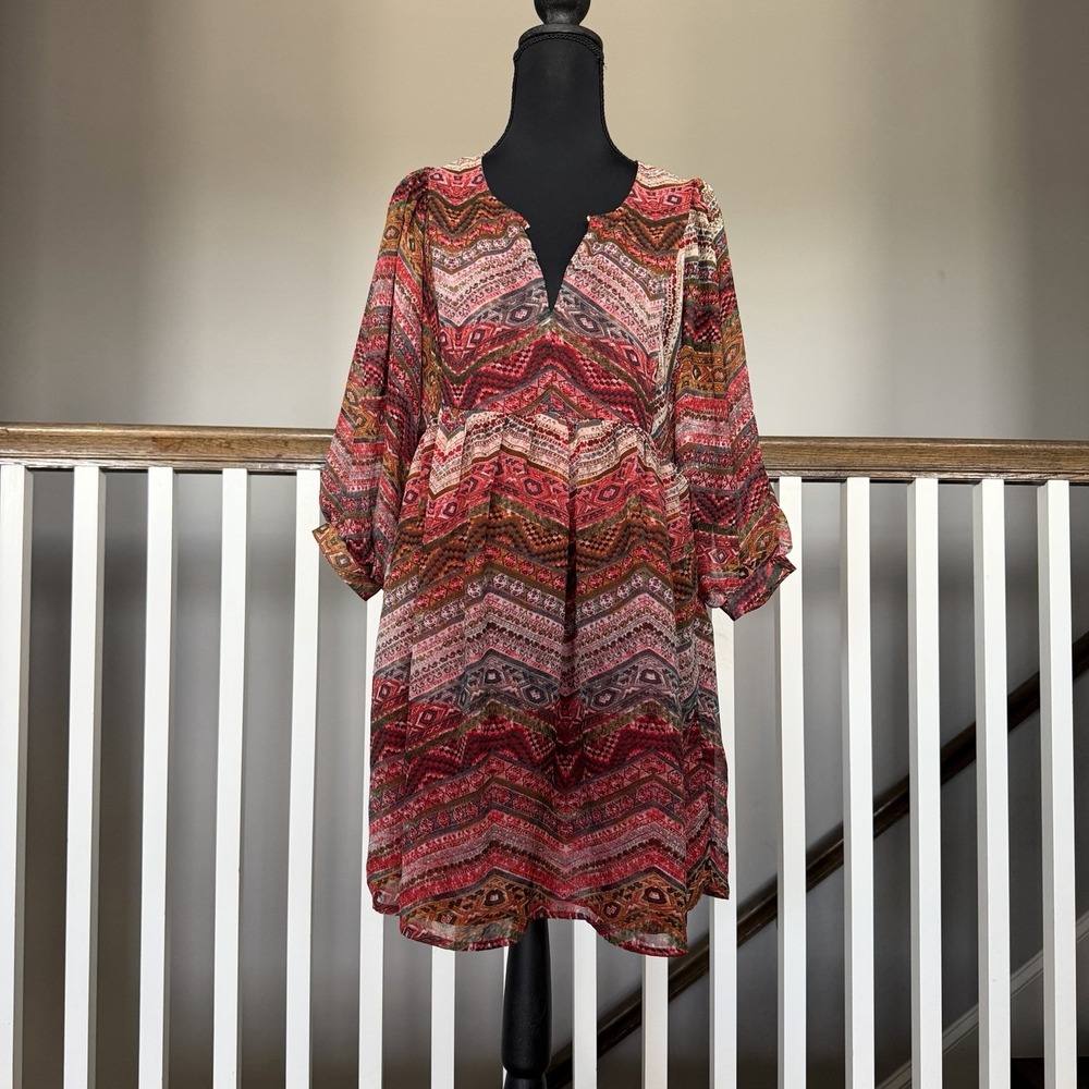 Umgee Womens Flowy Boho Dress Mixed Print Cottagecore Coquette Small Puff Sleeve